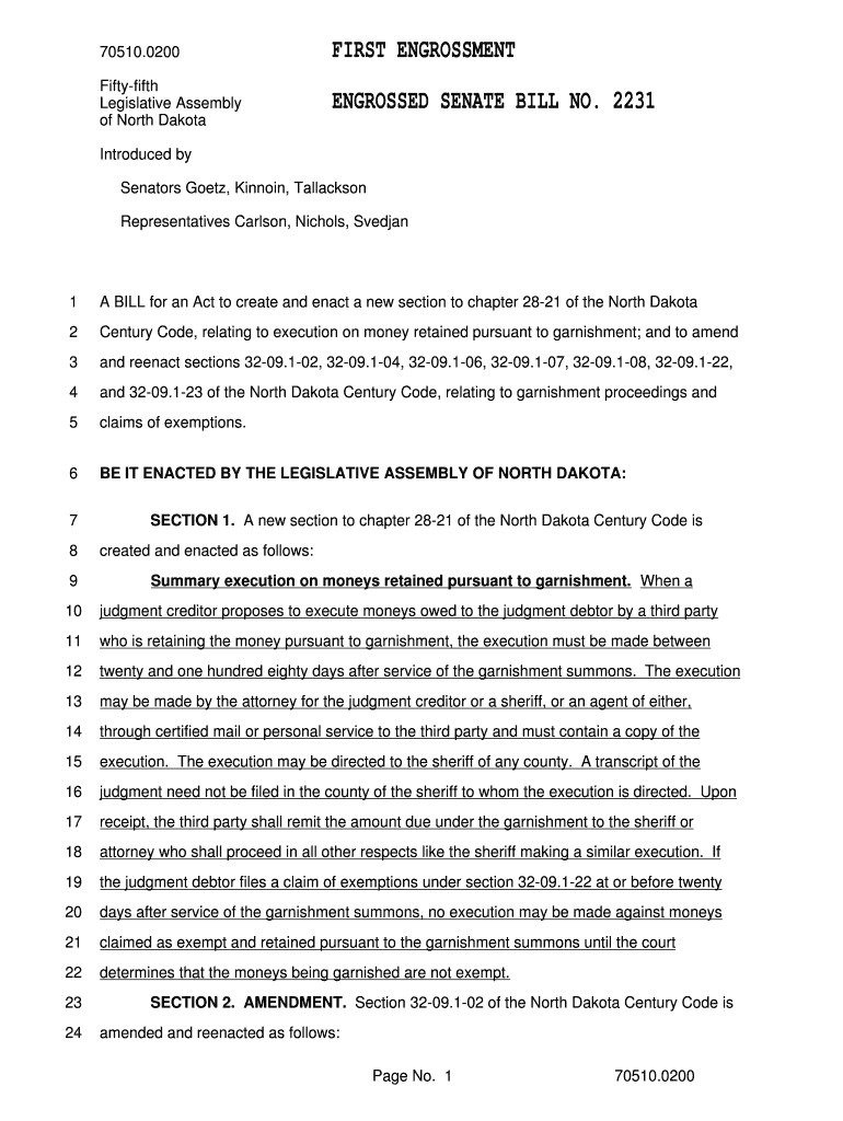 0200 FIRST ENGROSSMENT Fifty Fifth Legislative Assembly of North Dakota ENGROSSED SENATE BILL NO Legis Nd  Form