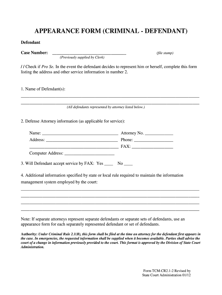 Appearance Form Criminal Defendant