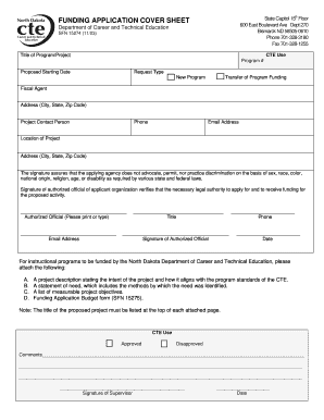FUNDING APPLICATION COVER SHEET State of North Dakota Nd  Form