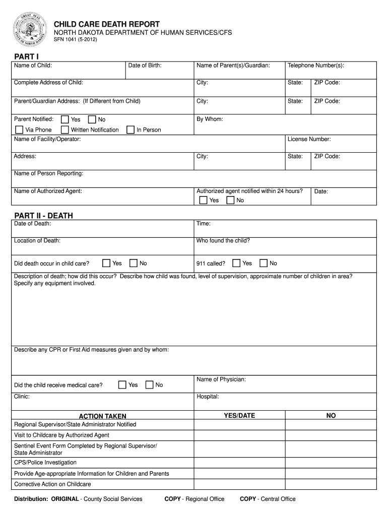 Child Care Death Report Part I Part Ii Death State of North Dakota Nd  Form