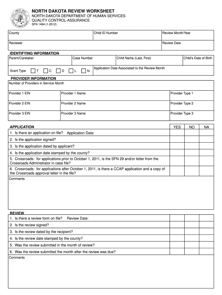 NORTH DAKOTA REVIEW WORKSHEET  Form