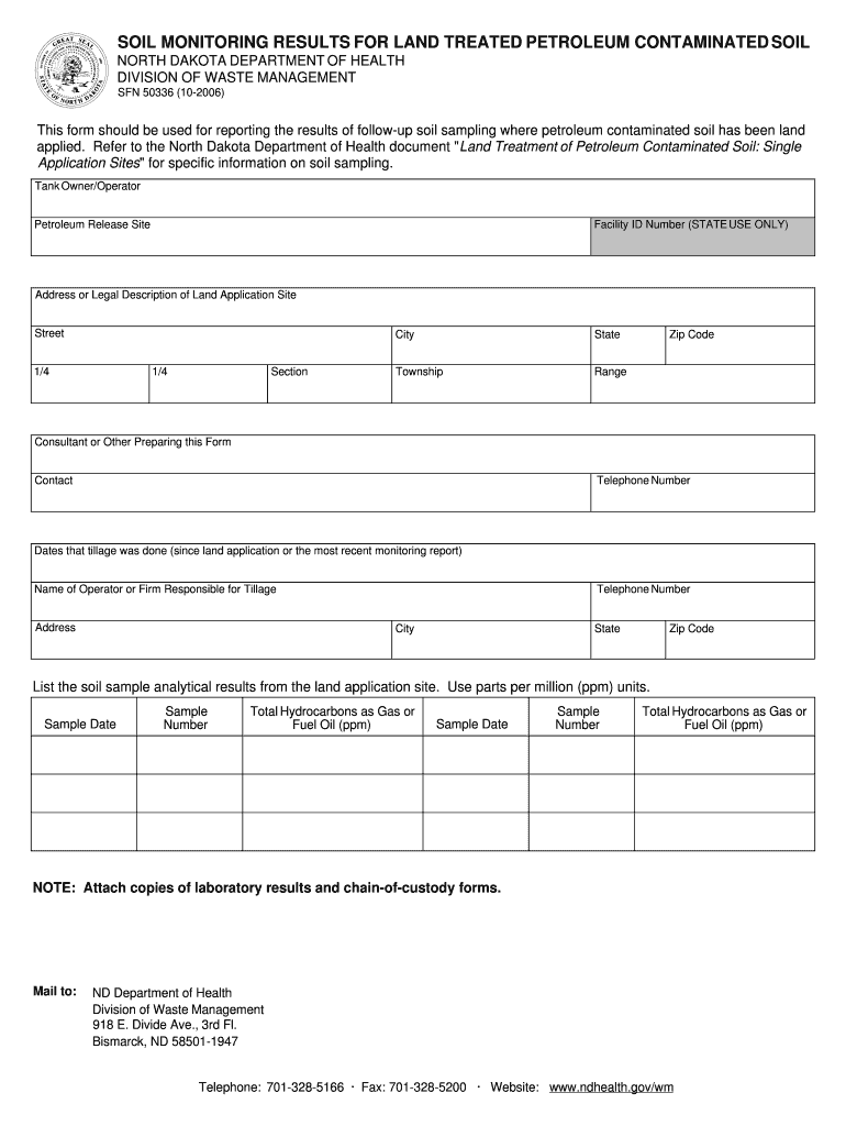 SOIL MONITORING RESULTS for LAND TREATED PETROLEUM CONTAMINATED SOIL NORTH DAKOTA DEPARTMENT of HEALTH DIVISION of WASTE MANAGEM  Form