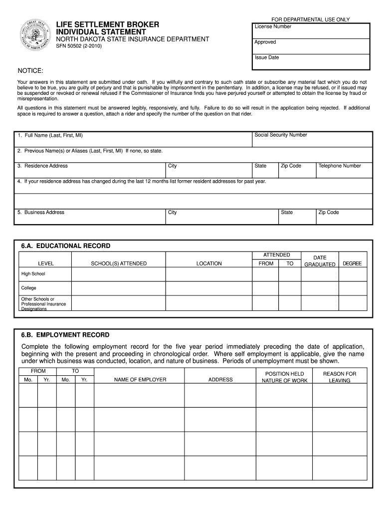 Life Settlement Broker Individual Statement SFN 50502  Form