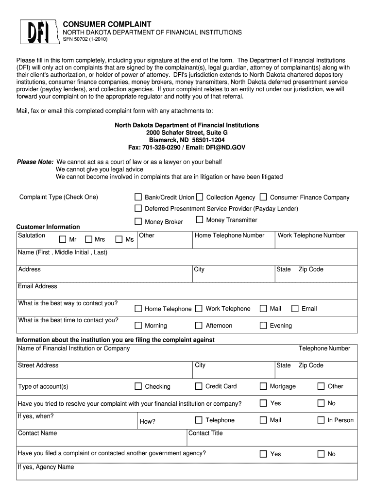 Consumer Complaint Form State of North Dakota Nd