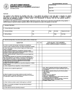 LIFE SETTLEMENT BROKER BUSINESS ENTITY STATEMENT Nd  Form