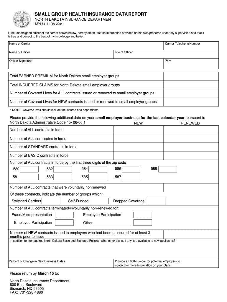 Small Group Health Insurance Data Report SFN 54181 Nd  Form