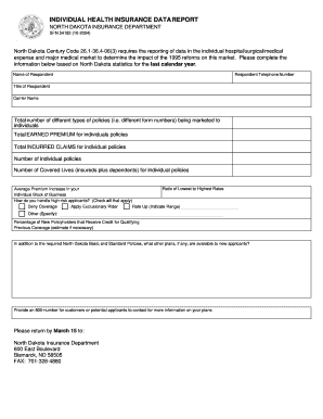 INDIVIDUAL HEALTH INSURANCE DATA REPORT  Form