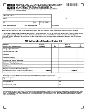 MS Mathematics Education Grades 5 8 State of North Dakota Nd  Form