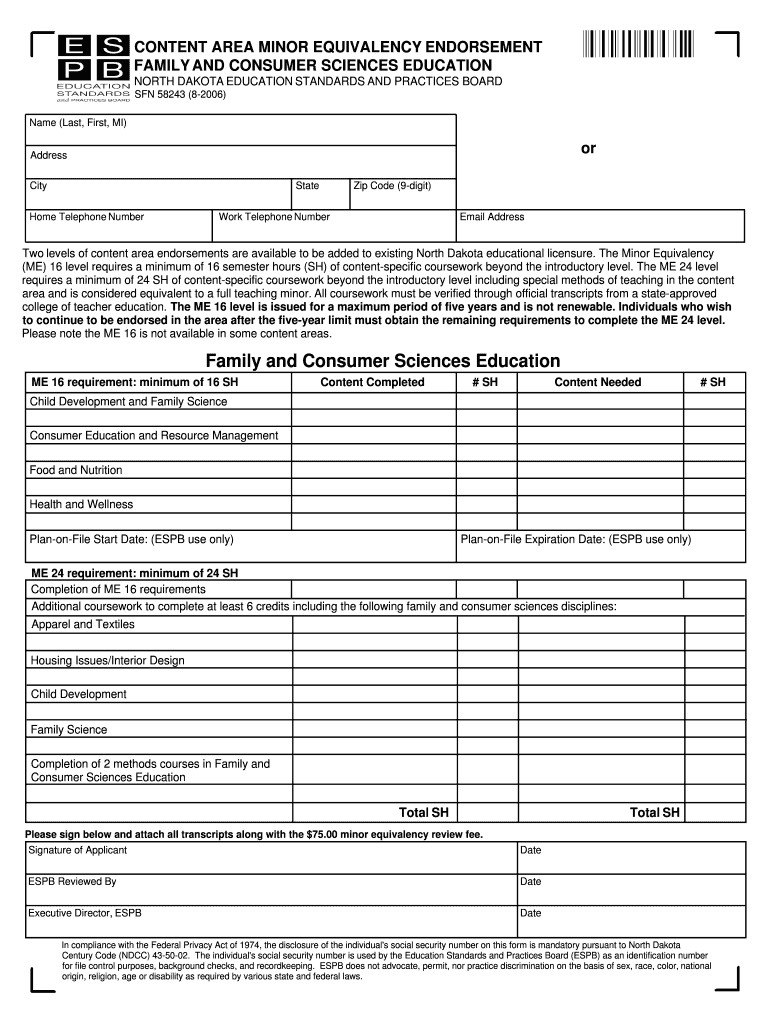 Content Area Minor Equivalency Endorsement Family and Consumer  Form