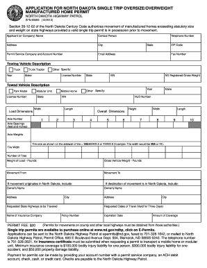 Application for Single Trip OversizeOverweight Manufactured Home Nd  Form