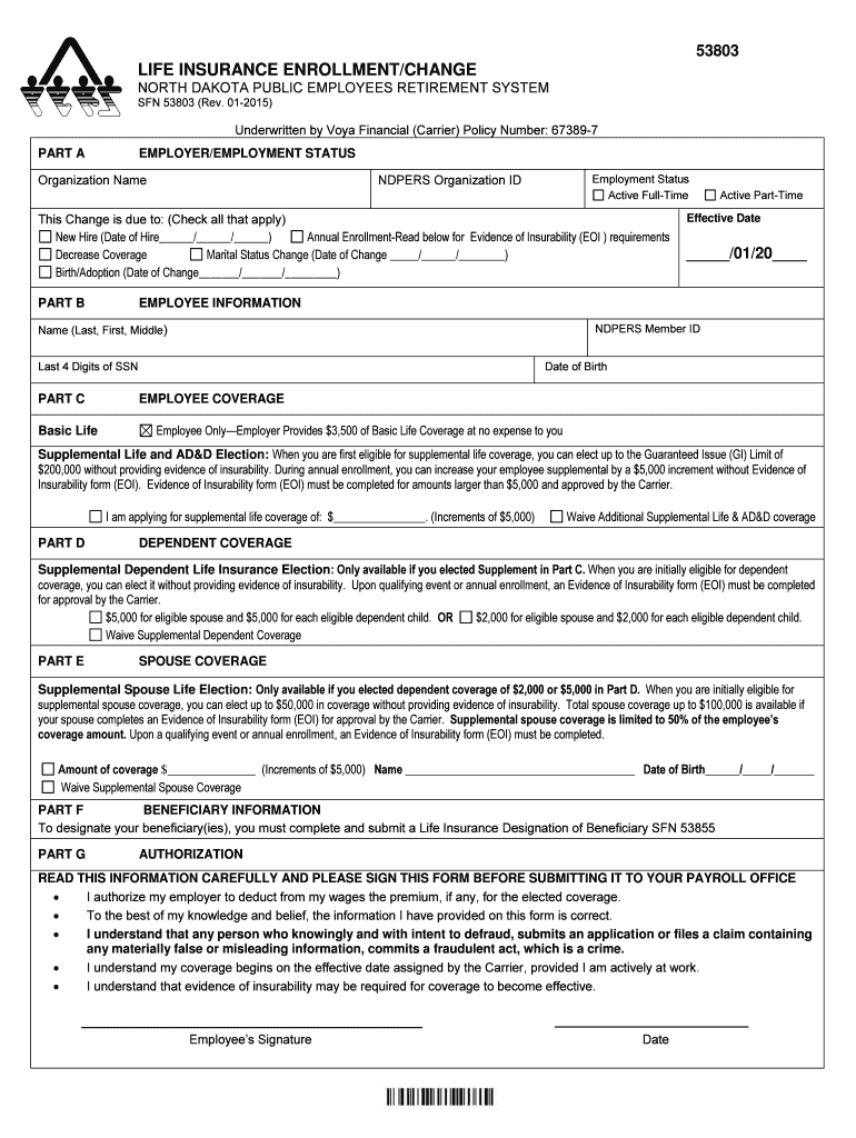 Life Insurance EnrollmentChange Form SFN State of North Dakota