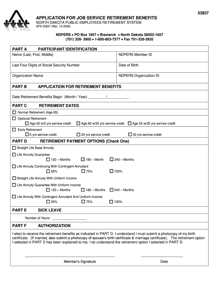 Application for Job Service Retirement Benefits State of North Dakota  Form