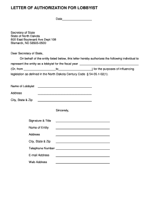 North Dakota Lobbyist Authorization  Form