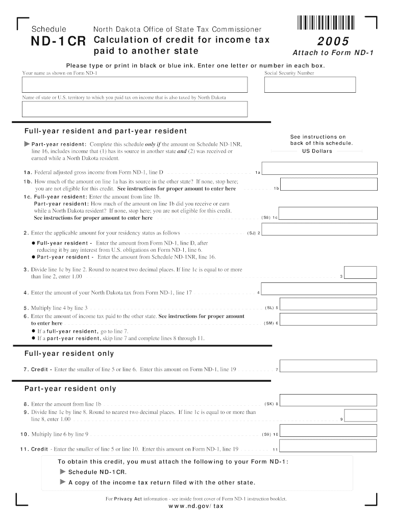 ND 1 CR Calculation of Credit for Income Tax Paid to Another State ND 1 CR Calculation of Credit for Income Tax Paid to Another   Form