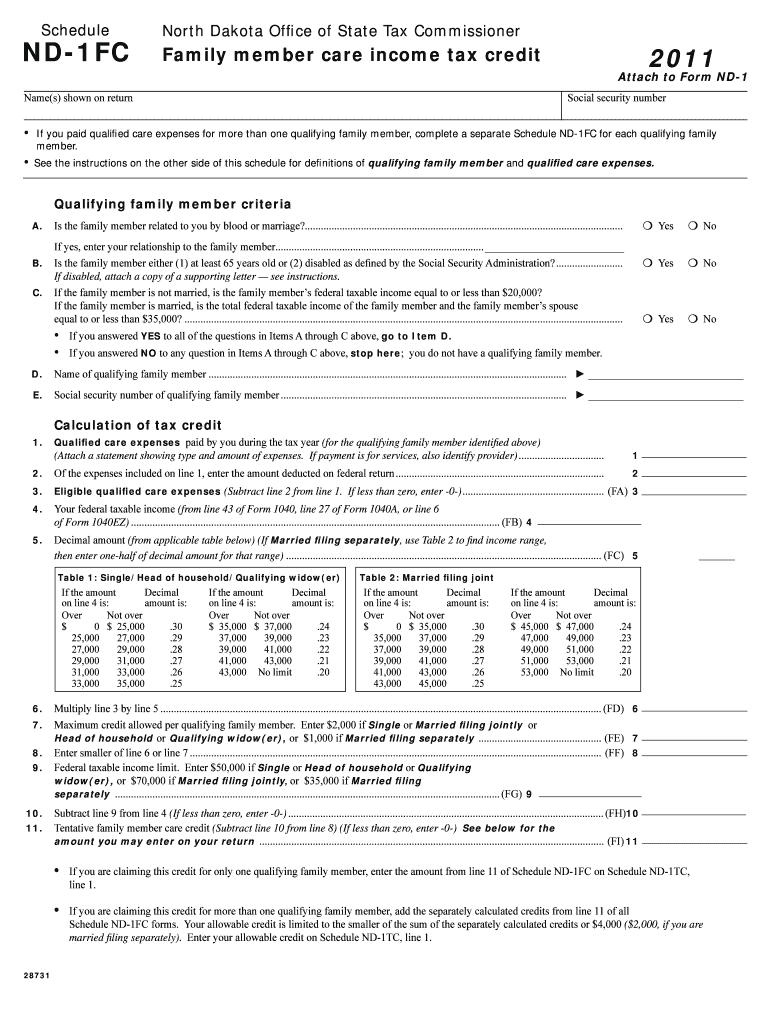 Schedule ND 1FC Family Member Care Income Tax Credit Schedule ND 1FC Family Member Care Income Tax Credit  Form