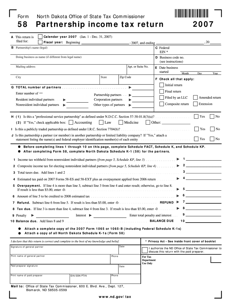 Form 58 Partnership Income Tax Return State of North Dakota Nd