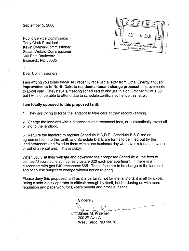 Letter Re Proposed Tariff North Dakota Public Service Commission Psc Nd  Form