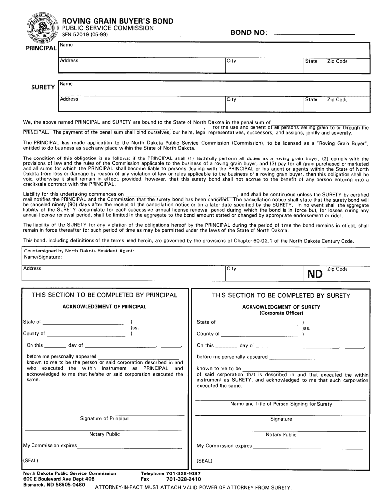 Roving Grain Buyer&#039;s Bond North Dakota Public Service Psc Nd  Form