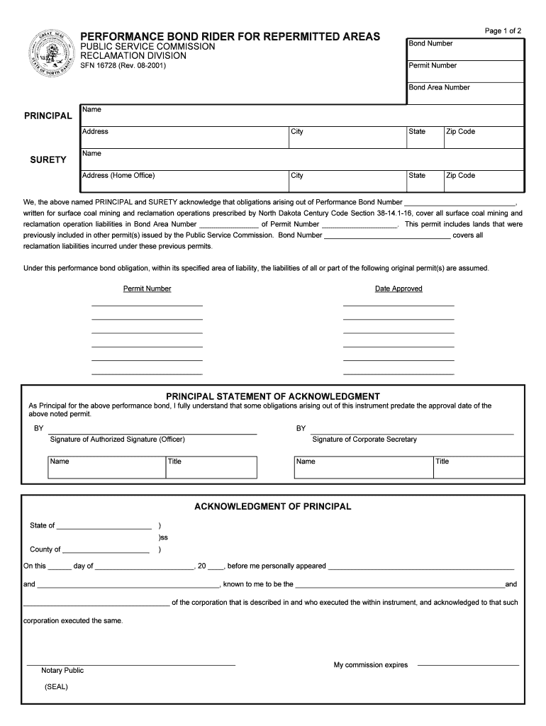 Performance Bond Rider for Repermitted Areas North Dakota Psc Nd