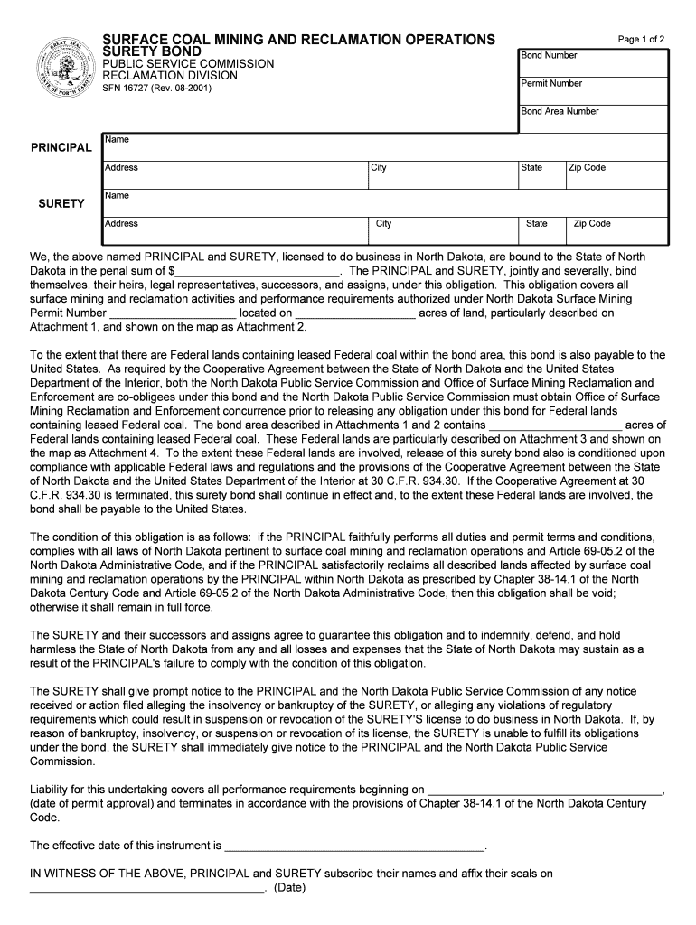 SURFACE COAL MINING and RECLAMATION OPERATIONS SURETY BOND PUBLIC SERVICE COMMISSION RECLAMATION DIVISION SFN 16727 Rev Psc Nd  Form