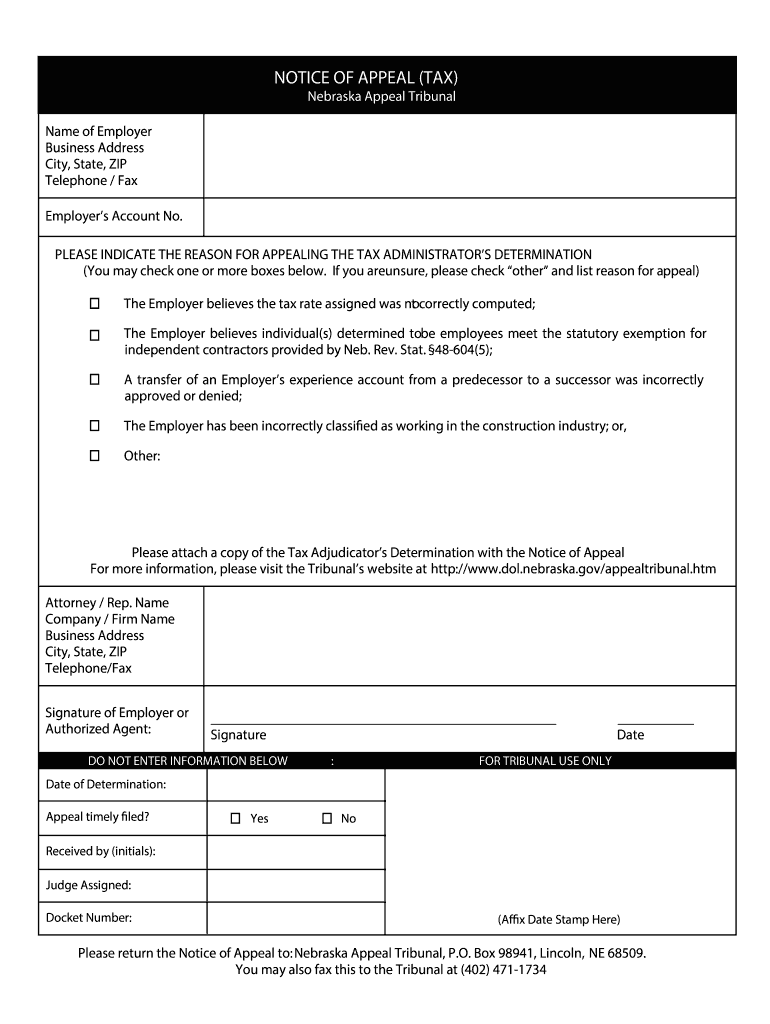 Employer Notice of Tax Appeal FillableBLANK  Form