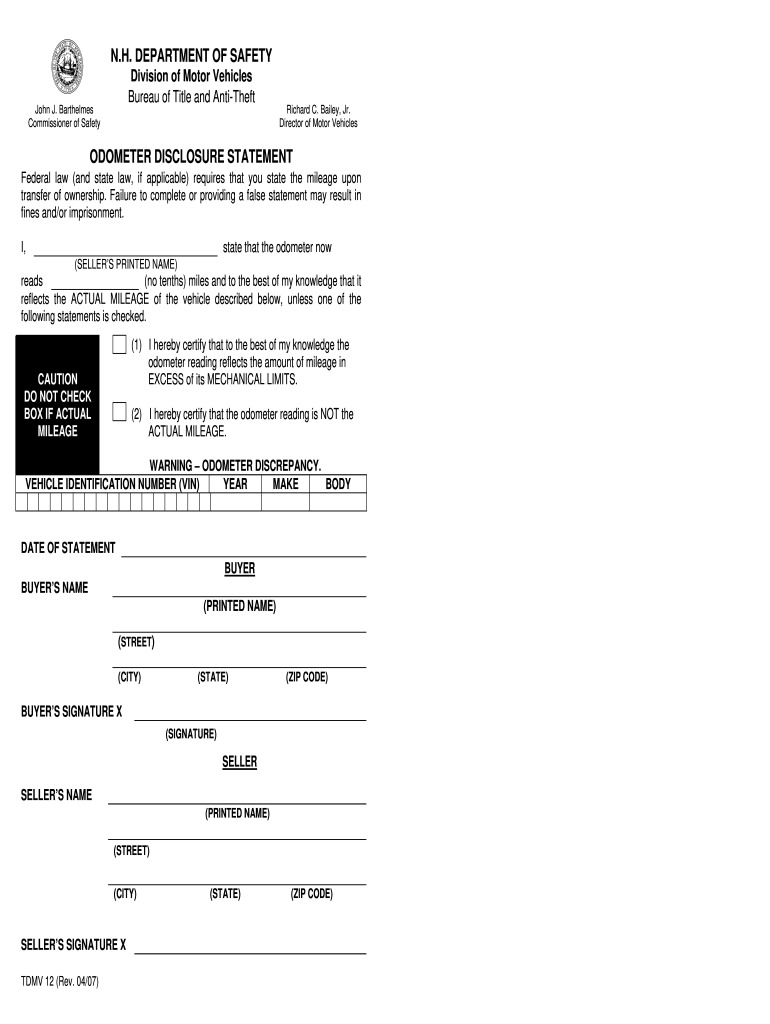  Odometer Disclosure Statement Form Nh 2007