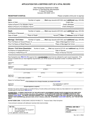 APPLICATION for a CERTIFIED COPY of a VITAL RECORD Sos Nh  Form