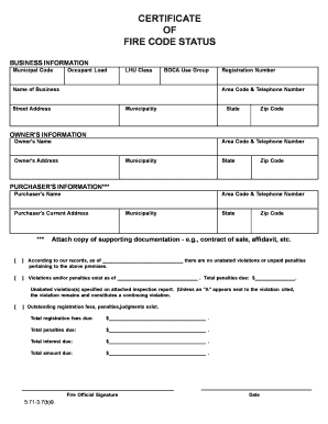 CERTIFICATE of FIRE CODE STATUS Nj  Form