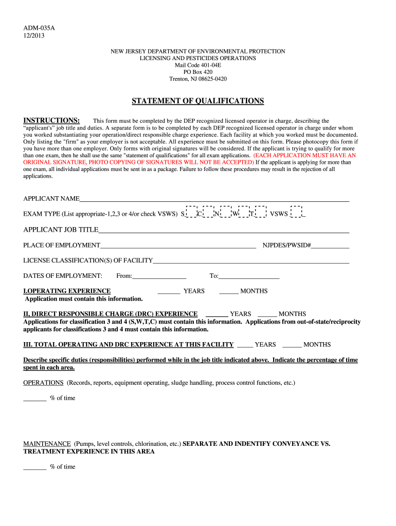 Get and Sign Statement of Qualifications ADM 035A State of New Jersey Nj 2013-2022 Form