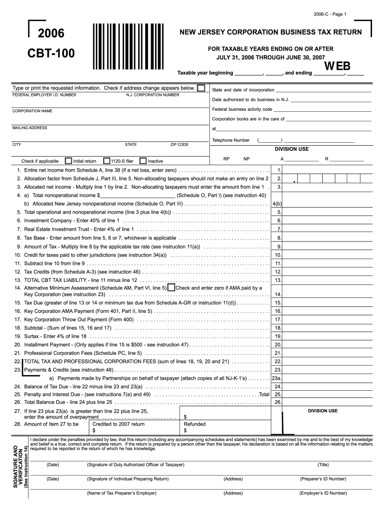  CBT 100 Form Nj 2018