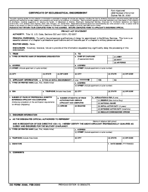  DD Form 2088 Certificate of Ecclesiastical Endorsement DMNA 2014