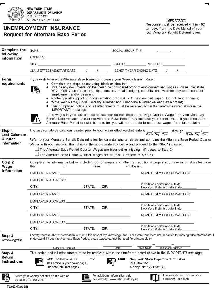  New York Unemployment Alternate Base Online  Form 2009