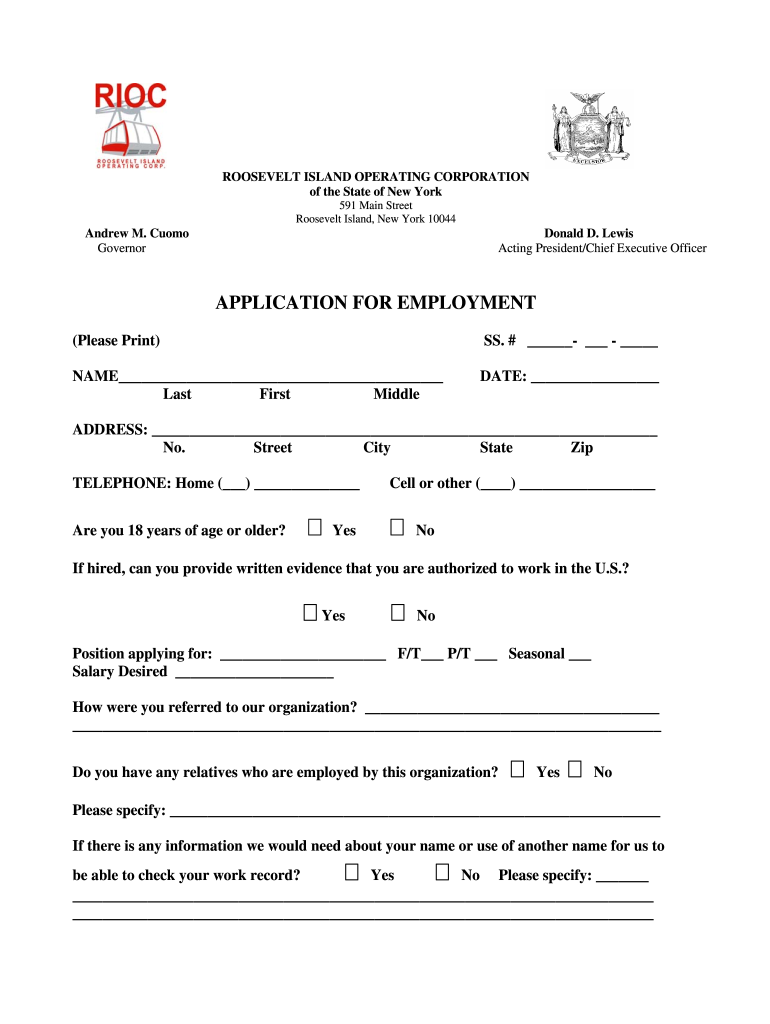 APPLICATION for EMPLOYMENT  Rioc Ny  Form