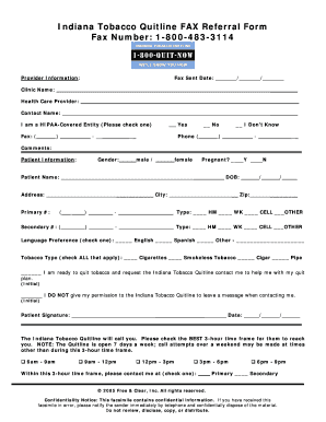 Indiana Tobacco Quitline FAX Referral Form Fax Number 1 800