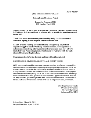 ADTS # 53407 OHIO DEPARTMENT of HEALTH Bathing Beach Monitoring Project Request for Proposals RFP RFP Number Prev 31059 Notice T  Form