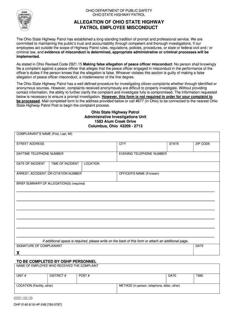 Get and Sign ALLEGATION of OHIO STATE HIGHWAY PATROL EMPLOYEE    Statepatrol Ohio 2016-2022 Form