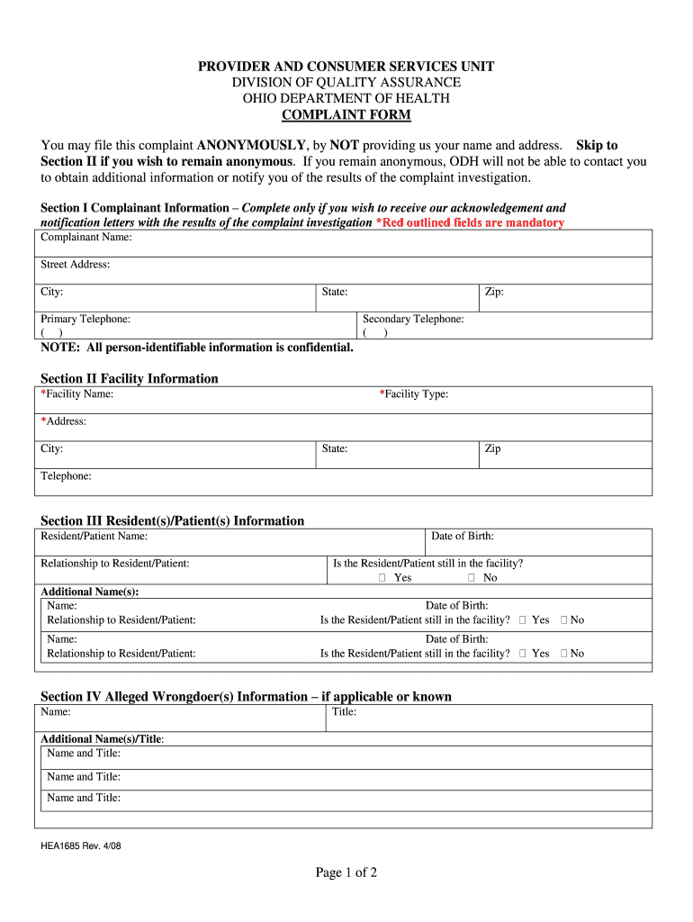 Anonymous Report to Health Department  Form