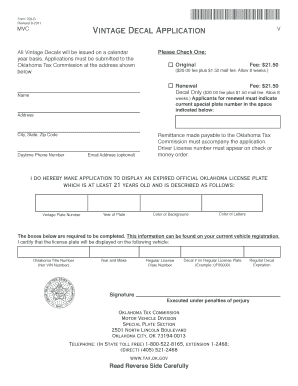 Oklahoma Vintage Decal Application Form