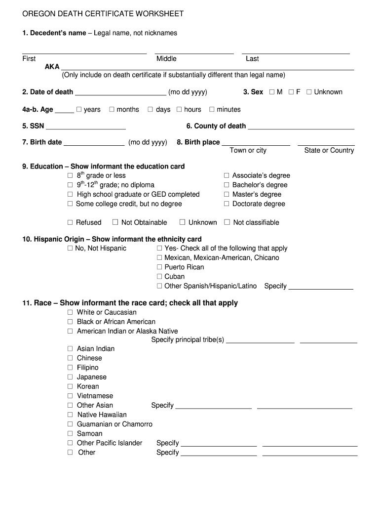 Death Certificate Oregon  Form