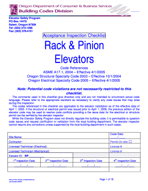 Rack &amp; Pinion Elevator Checklist PDF Bcd Oregon  Form