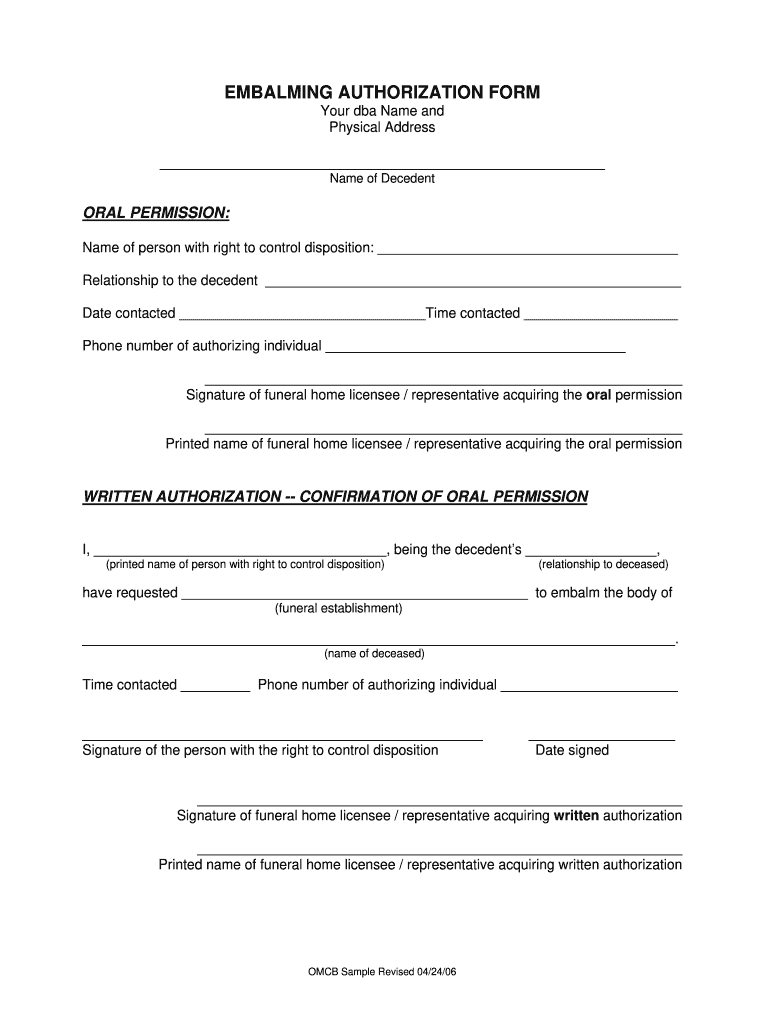 Embalming Authorization Form Alabama