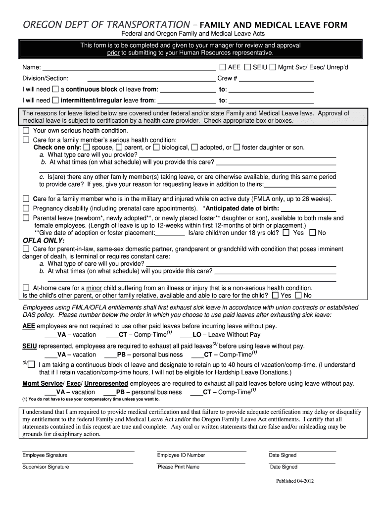 OREGON DEPT of TRANSPORTATION FAMILY and MEDICAL LEAVE FORM Oregon