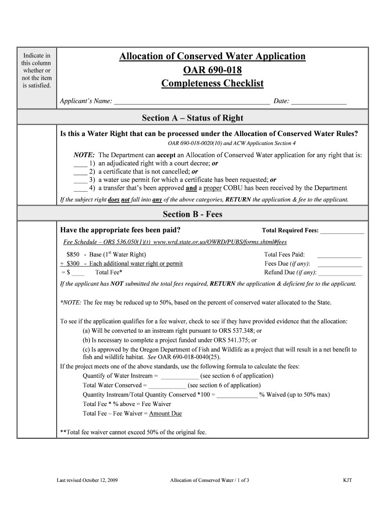 Allocation of Conserved Water Application OAR 690 018 Oregon Oregon  Form