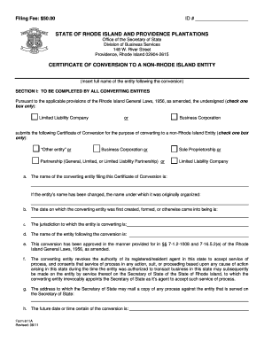STATE of RHODE ISLAND and PROVIDENCE PLANTATIONS Office of the Secretary of State Division of Business Services 148 W  Form