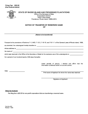 621 Transfer of Reserved Entity Name Rhode Island Office of the  Form