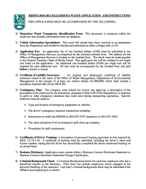 RIDEM HAZARDOUS WASTE APPLICATION and  Form