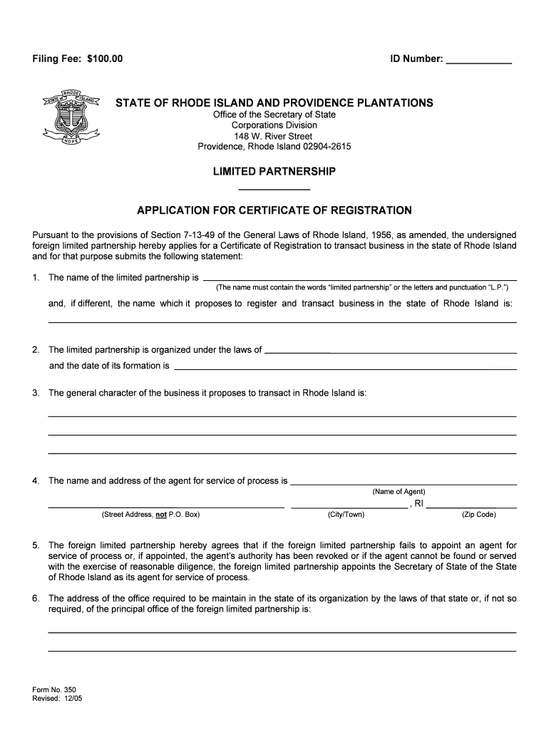 Filing Fee $100 00 Rhode Island Office of the Secretary of State  Form