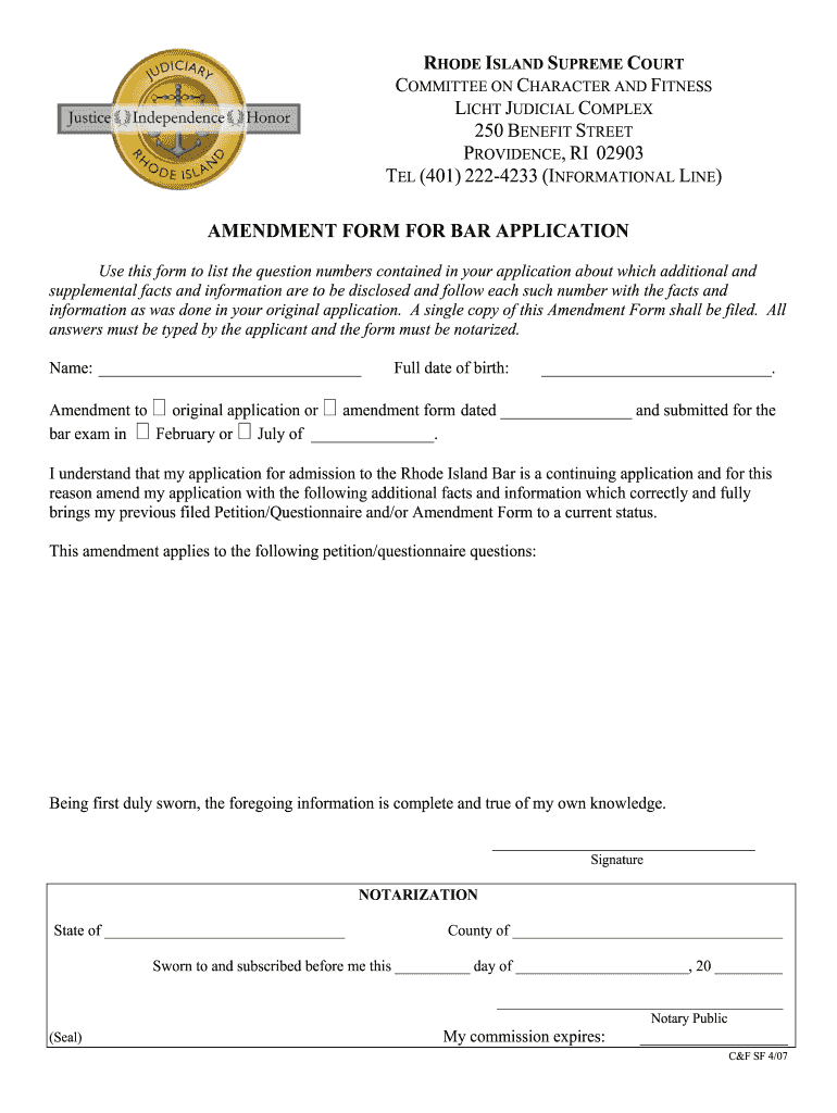 I Amendment Form for Bar Application  Rhode Island Judiciary  Courts Ri