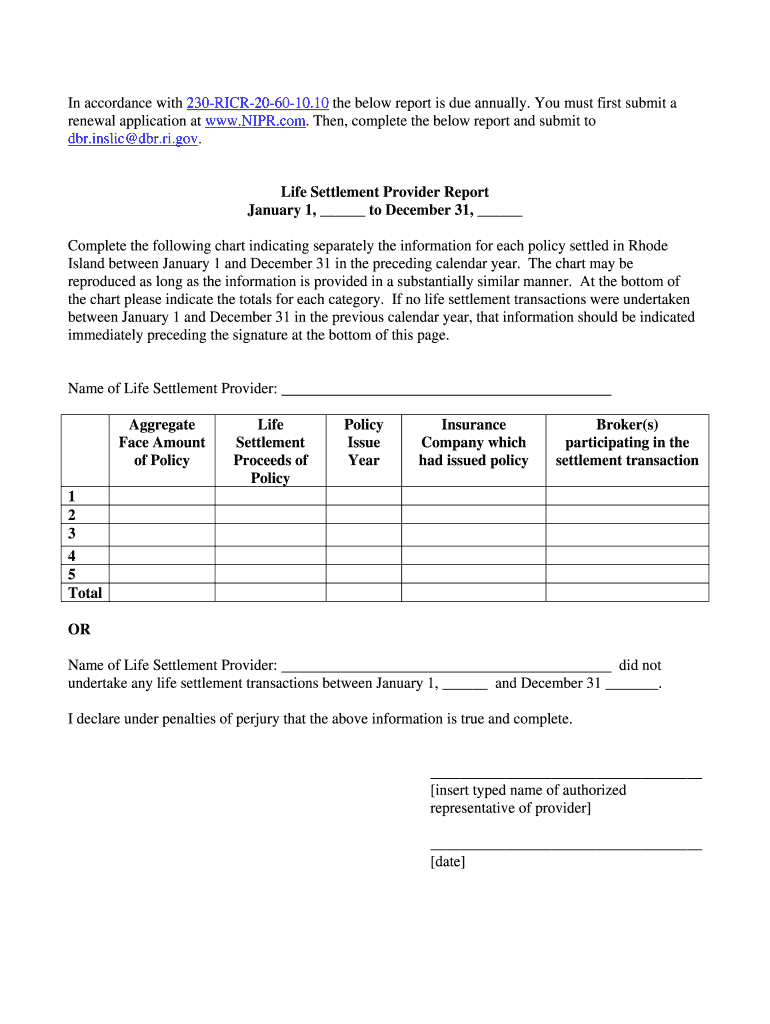 All Life Settlement Providers Who Have Been Licensed in Rhode Island or Who Have Filed Applications Which Are Being Processed  Form