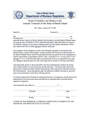 Bond of Surplus Line Broker to the General Treasurer of the State of Dbr Ri  Form